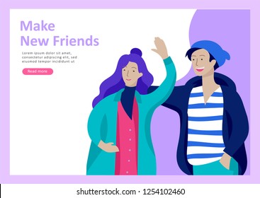 Landing page templates. Vector people happy friends character teenagers with gadgets are walking and chatting, meet new people, chat with old friends and make new. Colorful flat illustration