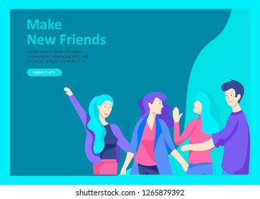 Landing page templates. Vector people happy friends character teenagers with gadgets are walking and chatting, meet new people, chat with old friends and make new. Colorful flat illustration