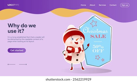 Landing page templlate design with funny snowman. Christmas fifty percent sale poster and snowman in hat and scarf on light purple background. Can be used for sales, specal offers