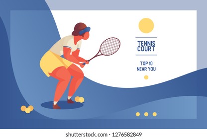 Landing page for tennise court or club, Oversized woman with racket in her hands in start position. Balls laying down. Vivid blue gradients banner