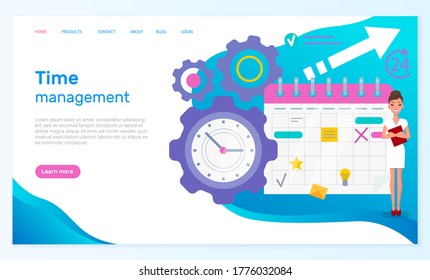 Landing page of time management web site. Young beautiful girl stands near the huge gears, planing calendar, arrow. Woman in white strict dress and high heels. Demonstration of time management symbols