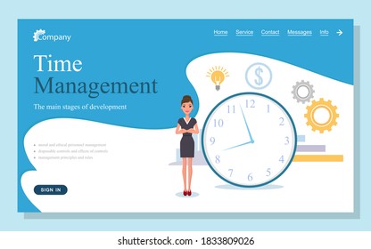 Landing page of time management web site. Young beautiful woman stands near the huge watch, dollar sign, gears . Woman in black strict dress and high heels. Demonstration of time management symbols