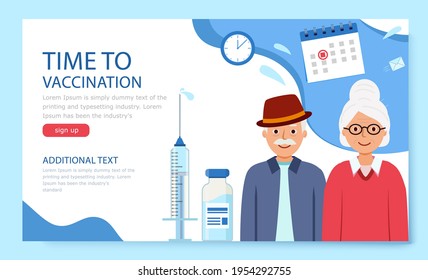 Landing page time to vaccination.  Vaccination of elderly people to protect. Vector illustration in flat style on white.