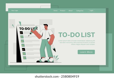 Landing page to-do list illustration concept. A man is standing holding a pencil and pointing to the list