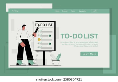 Landing page to-do list illustration concept. A man is standing holding a pencil and pointing to the list