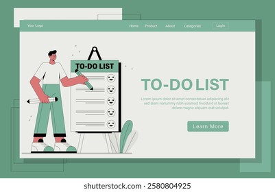 Landing page to-do list illustration concept. A man is standing holding a pencil and pointing to the list