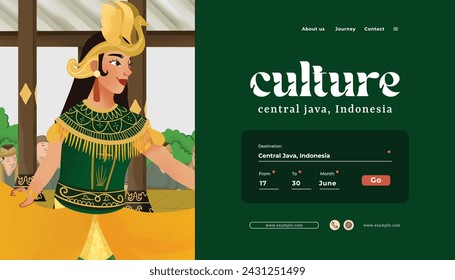 Landing Page tourism event layout with indonesian culture Kukila dance illustration