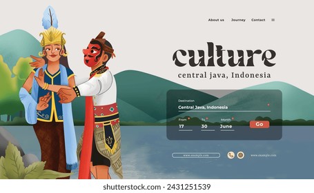 Landing Page tourism event layout with indonesian culture Lengger dance illustration