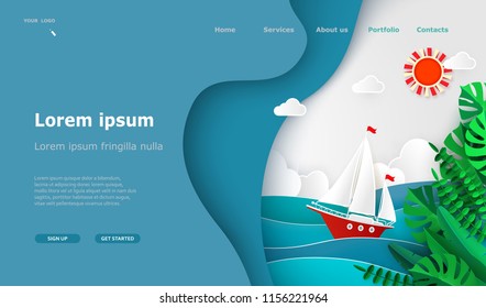 Landing Page Tourism, Sea Voyage. Sailboat, Ocean, Clouds, Sun, Tropical Leaves, Waves. Paper Cut Design Creative Wallpaper Vector Illustration