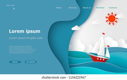 Landing page Tourism, sea voyage. Sailboat, ocean, clouds, sun, waves. Paper cut design Creative wallpaper Vector illustration