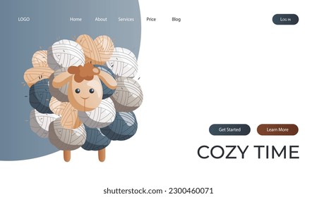 Landing page with toy sheep made of balls of wool. Skein of yarn. Tools, equipment for knitwork, handicraft. Handmade needlework, hobby. Knitting studio poster, banner, cover, card. Vector