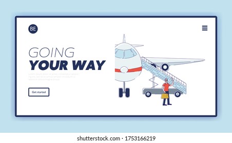Landing page for transport company website with cartoon man passenger taking selfie over plane background. Air travel and tourism concept. Linear vector illustration