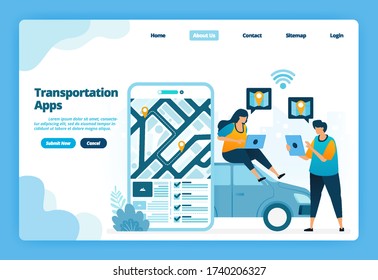 Landing page of transportation apps. Book and rent urban transportation with apps. Illustration of landing page, website, mobile apps, poster, flyer