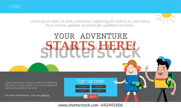 Landing page for travel agency, summer camp,\
organized tours, camping resort\
with two funny happy characters\
hiking and sign up\
form
