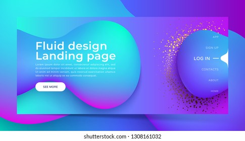Landing page with Trendy colorful liquid gradients. Fluid colorful shapes, gold glitter. Modern artwork  shapes from acrylic epoxy. Vector