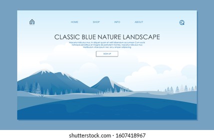 Landing page. With Trendy Colors of Classic Blue. Beautiful Nature Landscape theme with hill, mountain, trees, cloud and sky