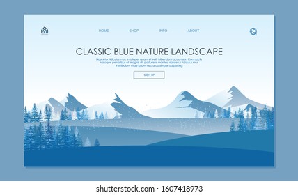 Landing page. With Trendy Colors of Classic Blue. Beautiful Nature Landscape theme with hill, mountain, trees, cloud and sky