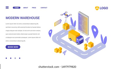 Landing page with truck and flying quadcopter drone. Mobile system control, Concept of modern automated warehouse logistics, robotic fulfillment system. Modern isometric vector illustration.