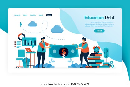 landing page for tuition fees, education debt, scholarship loan, torn of money, budget for learning and university, financial donation and charity for education. vector design for flyer poster mobile
