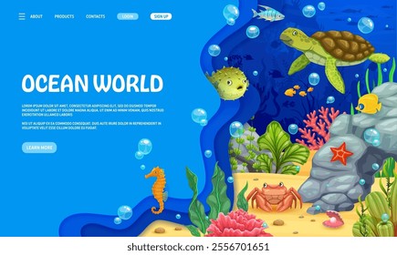 Landing page with underwater landscape, sea animals and paper cut waves. 3d vector web banner with cartoon underwater tropical world, complete with colorful marine life turtle, seaweeds and fish