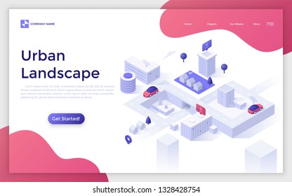 Landing page with urban landscape, modern buildings, automobiles riding along streets and place for text. Innovative technologies in city development, urbanism. Creative isometric vector illustration.