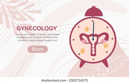 Landing page with uterus in clock illustration, banner about women s health, menstruation or conception. Vector template with copy space, flat design.