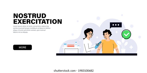 Landing page with Vaccination process. Young woman doctor in a clinic puts the vaccine to a young guy. Immunization concept isolated on white background 