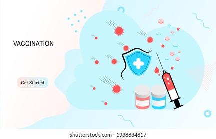Landing page of vaccination website. Immunization campaign. Health care and protection. Isometric medical treatment. Flat vector illustration for wallpaper, banner, background, card, book illustration