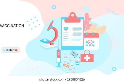 Landing page of vaccination website. Immunization campaign. Health care and protection. Isometric medical treatment. Flat vector illustration for wallpaper, banner, background, card, book illustration