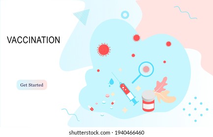 Landing page of vaccination website. Immunization campaign. Health care and protection. Isometric medical treatment. Flat vector illustration for wallpaper, banner, background, card, book illustration