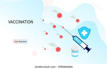 Landing page of vaccination website. Immunization campaign. Health care and protection. Isometric medical treatment. Flat vector illustration for wallpaper, banner, background, card, book illustration