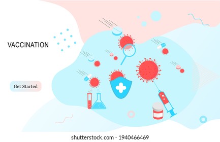 Landing page of vaccination website. Immunization campaign. Health care and protection. Isometric medical treatment. Flat vector illustration for wallpaper, banner, background, card, book illustration