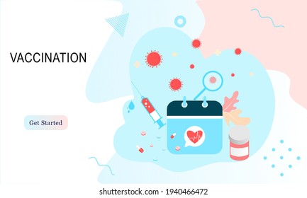 Página de inicio del sitio web de vacunación. Campaña de inmunización. Atención y protección de la salud. Tratamiento médico isométrico. Ilustración vectorial plana para papel de pared, banner, fondo, tarjeta, ilustración de libro