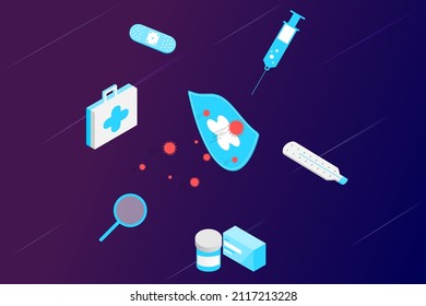 Landing page of vaccination website. Immunization campaign. Health care and protection. Isometric medical treatment. Flat vector illustration for for medical web icons, UI, mobile application, posters