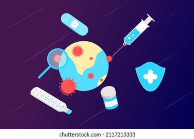 Landing page of vaccination website. Immunization campaign. Health care and protection. Isometric medical treatment. Flat vector illustration for for medical web icons, UI, mobile application, posters