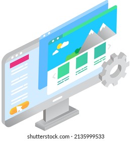 Landing page vector. 3d isometric computer icon screen with open homepage website isolated on white background