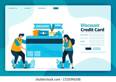 Diseño vectorial de página de aterrizaje de tarjeta de crédito de descuento. Diseño para sitio web, web, banner, aplicaciones móviles, afiche, folleto, plantilla, cartel, página de bienvenida, promoción, portada, tarjeta de visita, anuncio