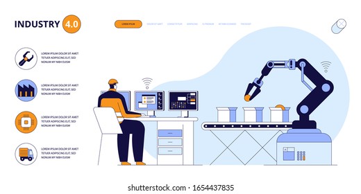 Página de aterrizaje diseño vectorial de la producción de robots industriales 4.0 . Fácil de editar y personalizar. Concepto moderno de diseño plano de página web, sitio web, página de inicio, aplicaciones móviles. caricatura de estilo plano