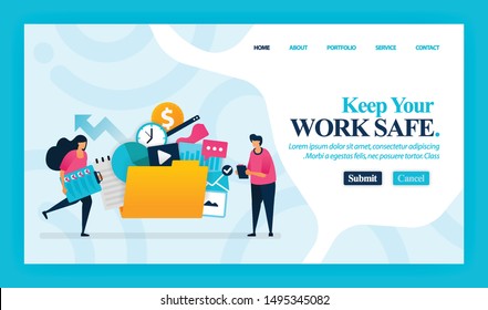 Landing page vector design of Keep Your Work Safe. Easy to edit and customize. Modern flat design concept of web page, website, homepage, mobile apps, UI. character cartoon Illustration flat style.