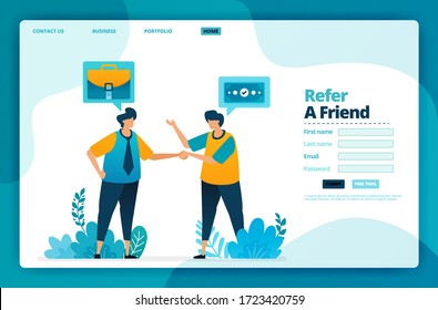 Aterrizar el diseño vectorial de la página de referencia de un amigo. Diseño para sitios web, web, banner, aplicaciones móviles, afiche, folleto, plantilla, cartel, página de bienvenida, promoción, portada, tarjeta de visita, anuncio