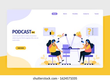 landing page vector flat design illustration of podcast broadcasting. internet technology, modern public interview and online reporting with audio. for websites, mobile apps, banner, flyer, brochure