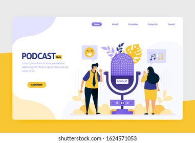 landing page vector flat design illustration of podcast broadcasting. internet technology, modern public interview and online reporting with audio. for websites, mobile apps, banner, flyer, brochure