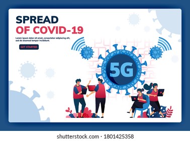 Landing page vector illustration of 5g internet connection to support activities during the covid-19 virus pandemic. Symbols and icons of viruses, networks, wifi, connections. Web, website, banner