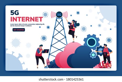 Landing page vector illustration of 5g infrastructure and internet network connections for activities and work during covid-19 virus pandemic. Symbol of cloud, engine, hosting. Web, website, banner