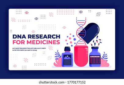 Landing page vector illustration of dna research for medicines. Pharmacy, health, herbal and medical learning. Can be used for website web mobile apps poster flyer background element banner template