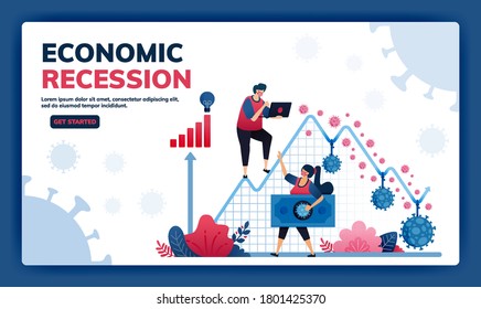 Landing page vector illustration of failure and negative economic growth due to covid-19 or corona virus. Depression, inflation and corporate bankruptcy due to pandemic.  Web, website, banner, apps