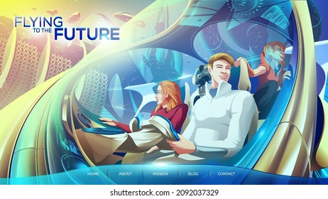 landing page in vector illustration of a family in the flying car. They are traveling in a futuristic city and feel stunning with the modern scenery of the city.