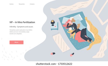 Landing page with vector illustration in flat style of Young romantic couple, spouses lying on a bed with a baby. Lovers gently, carefully embrace each other, dream, whisper words of love or sleep