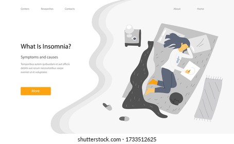Landing page with vector illustration in flat style of young romantic girl dreamily drawing. A young woman lies on a bed in bedroom, near a cat, bedside table with a lamp and a cup, a rug, slippers