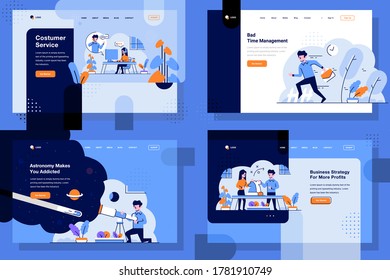 Landing Page Vektorgrafik flach und Umriss Design Stil, Kundenservice, Administrator, gehen Sie zur Arbeit, Astronomie, Teleskop, Geschäftstaktik, Strategien